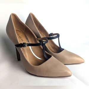 COACH Tan Leather Heel Pumps Shoes Black T Straps Size 5.5 Pointed Toe